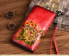 Socofy Retro Women Wallet Genuine Leather Long Zipper Purse Vintage Handmade Embossed Clutch Card Holder