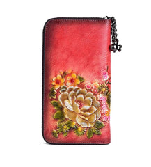 Socofy Retro Women Wallet Genuine Leather Long Zipper Purse Vintage Handmade Embossed Clutch Card Holder
