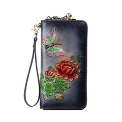 Socofy Women's Retro Wallet Genuine Leather Vintage Purse Women Chinese Style Embossed Card Holder Ladies