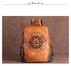 Socofy Genuine Leather Handmade Embossed Vintage Women Backpacks