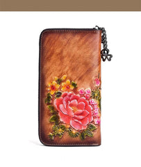 Socofy Retro Women Wallet Genuine Leather Long Zipper Purse Vintage Handmade Embossed Clutch Card Holder