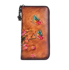Socofy Retro Women Wallet Genuine Leather Long Zipper Purse Vintage Handmade Embossed Clutch Card Holder