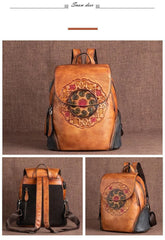 Socofy Genuine Leather Handmade Embossed Vintage Women Backpacks