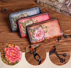 Socofy Retro Women Wallet Genuine Leather Long Zipper Purse Vintage Handmade Embossed Clutch Card Holder