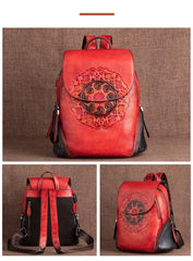 Socofy Genuine Leather Handmade Embossed Vintage Women Backpacks