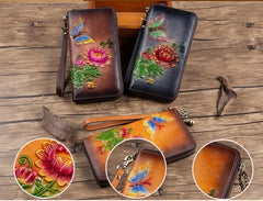 Socofy Women's Retro Wallet Genuine Leather Vintage Purse Women Chinese Style Embossed Card Holder Ladies