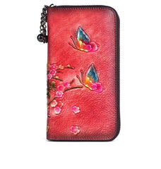 Socofy Retro Women Wallet Genuine Leather Long Zipper Purse Vintage Handmade Embossed Clutch Card Holder