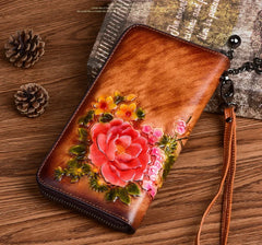 Socofy Retro Women Wallet Genuine Leather Long Zipper Purse Vintage Handmade Embossed Clutch Card Holder