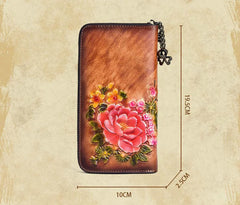 Socofy Retro Women Wallet Genuine Leather Long Zipper Purse Vintage Handmade Embossed Clutch Card Holder