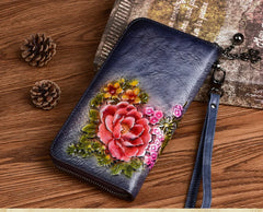 Socofy Retro Women Wallet Genuine Leather Long Zipper Purse Vintage Handmade Embossed Clutch Card Holder