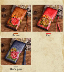 Socofy Retro Women Wallet Genuine Leather Long Zipper Purse Vintage Handmade Embossed Clutch Card Holder