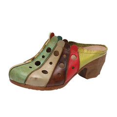 Socofy Genuine Leather Sewing Slides Colorful Hollow Handmade Ladies Slippers