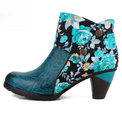 Socofy Autumn ethnic style cowhide thickened mid-calf round toe fashion boots for women