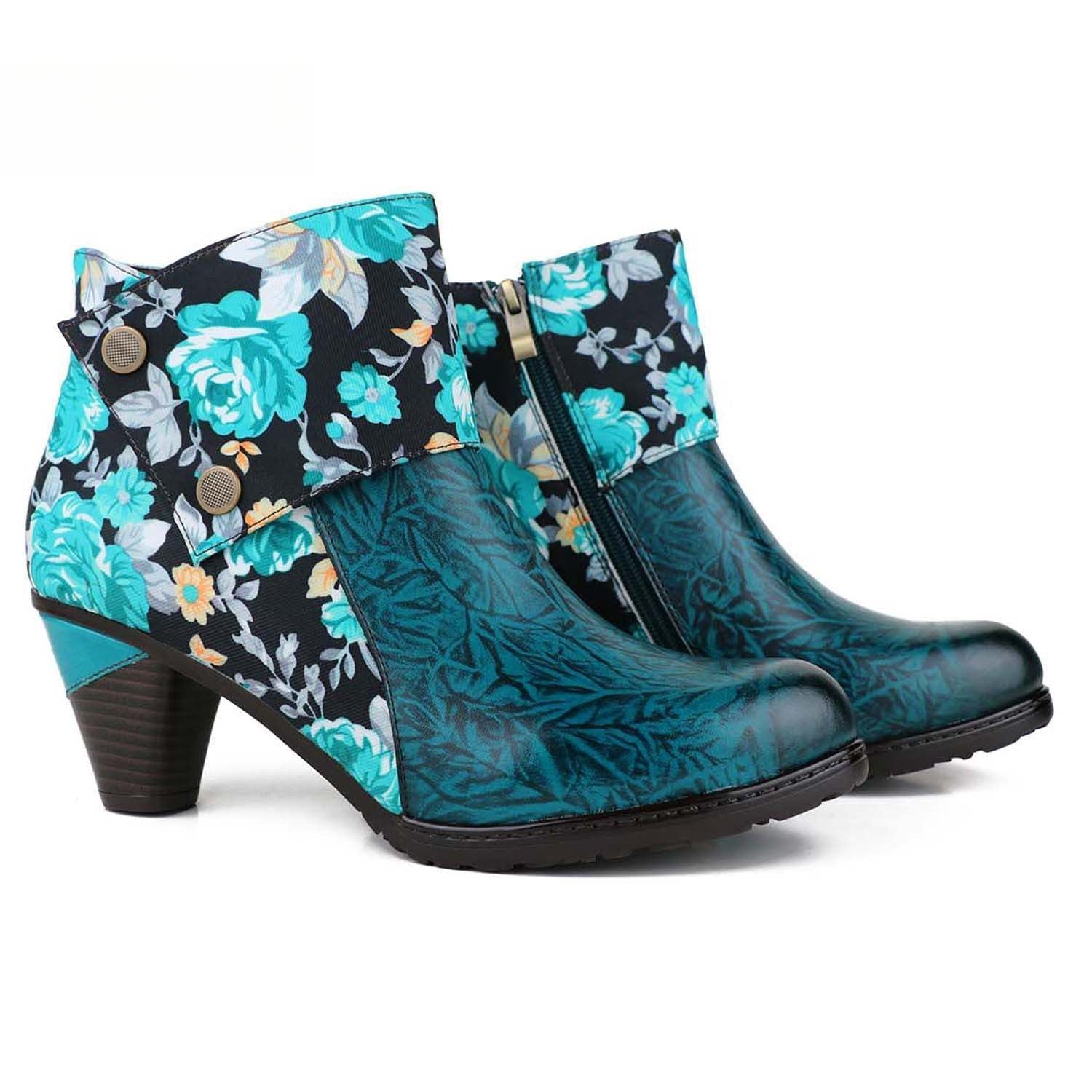 Socofy Autumn ethnic style cowhide thickened mid-calf round toe fashion boots for women