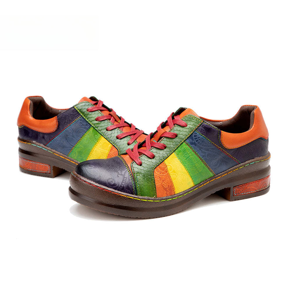 Socofy Colour Patchwork Genuine Leather Women's Flat Shoes