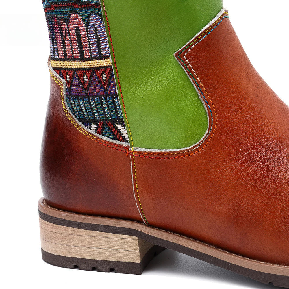 Socofy Vicconfy Genuine Leather Vintage Patchwork Long Warm Boots