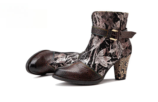 Socofy Vicconfy Genuine Leather French Vintage Print Heeled Women's Boots 750