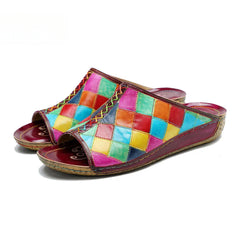 Socofy Genuine Leather Outside Slides Summer New Handmade Retro Contrasting Plaid Comfortable Flat Slippers