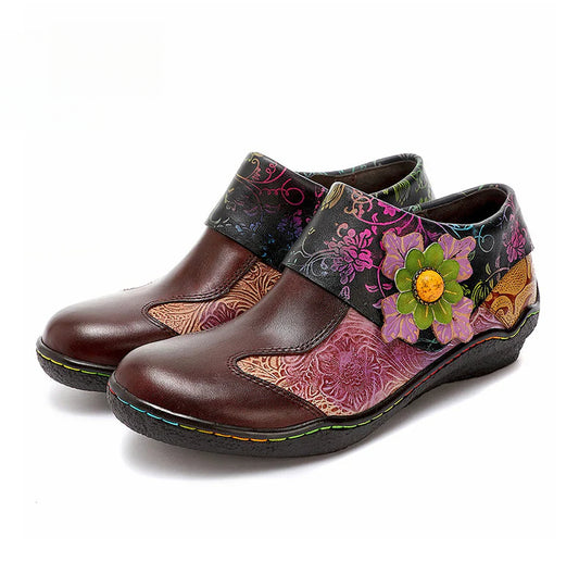 Socofy Vicconfy Ethnic Flower Leather Handmade Flat Shoes Low Heeled Single Shoes 790