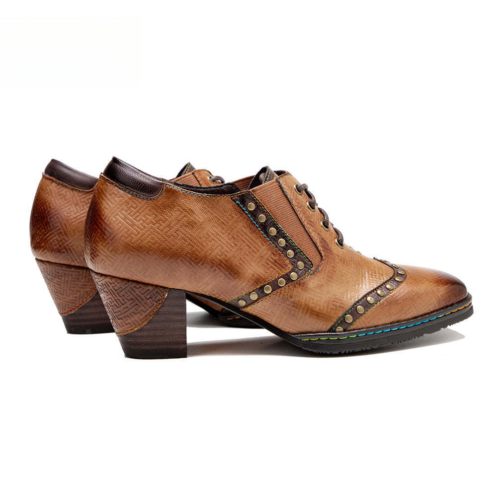 Socofy Genuine Leather Retro Brown Strappy Thick Heel Women's High Heels