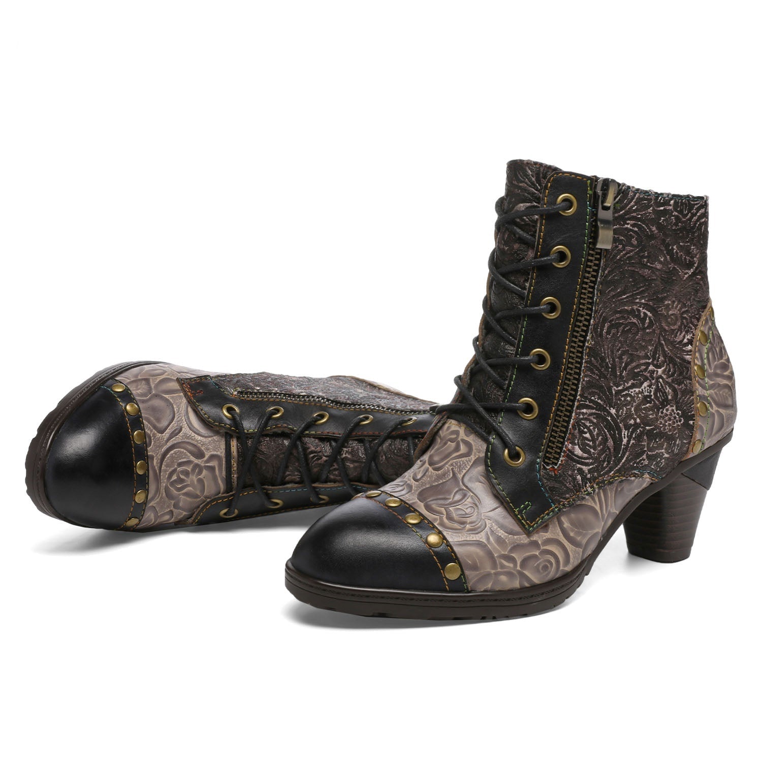 Socofy Vicconfy Retro Handmade Leather Patchwork Ankle Boots