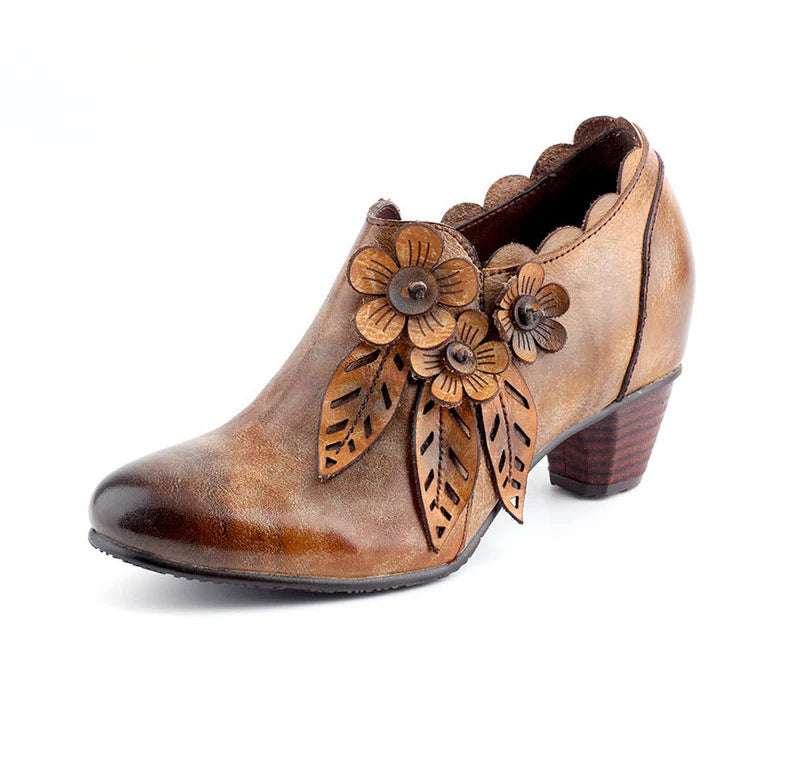 Socofy Genuine Leather Handmade Vintage Fashion Side Zipper High Heels Women's Shoes