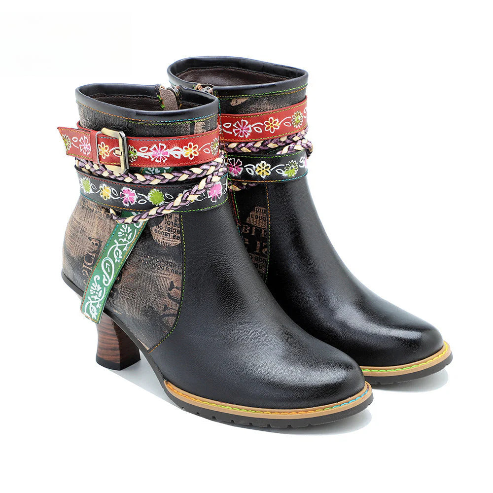 Socofy Vicconfy Genuine Leather Vintage Braided Belt Buckle Boots