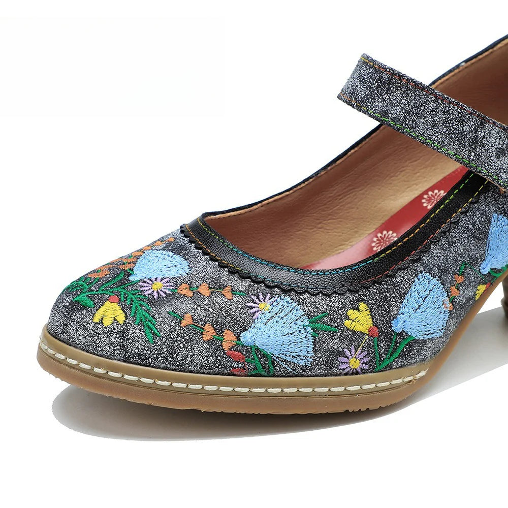 Socofy Spring and summer new retro embroidery Mary Jane thick heeled comfortable high heels