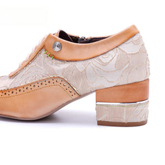 Socofy Genuine leather beige vintage brogue tassel side zipper pumps