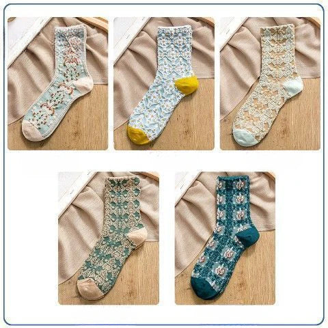 Socofy Vicconfy Vintage Cubic Embossed Socks Floral Mid-Calf Women's Socks
