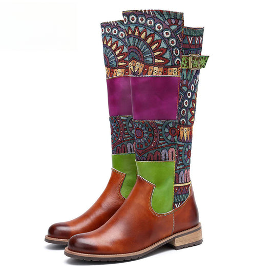 Socofy Vicconfy Genuine Leather Vintage Patchwork Long Warm Boots 1000