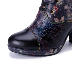 Socofy Winter Retro Lace Print Heeled Boots