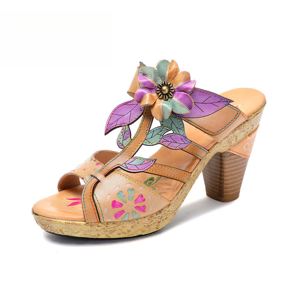Socofy Vicconfy Flower Patchwork Head Cowhide High Heel Women's Sandals Slippers
