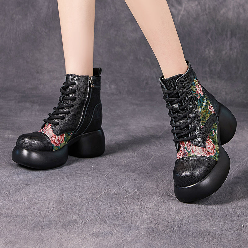 Socofy Retro Chinese Leather Platform Heel Boots
