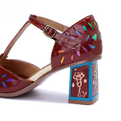 Socofy Crimson Blossom T-Strap Sandals