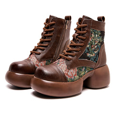 Socofy Retro Chinese Leather Platform Heel Boots