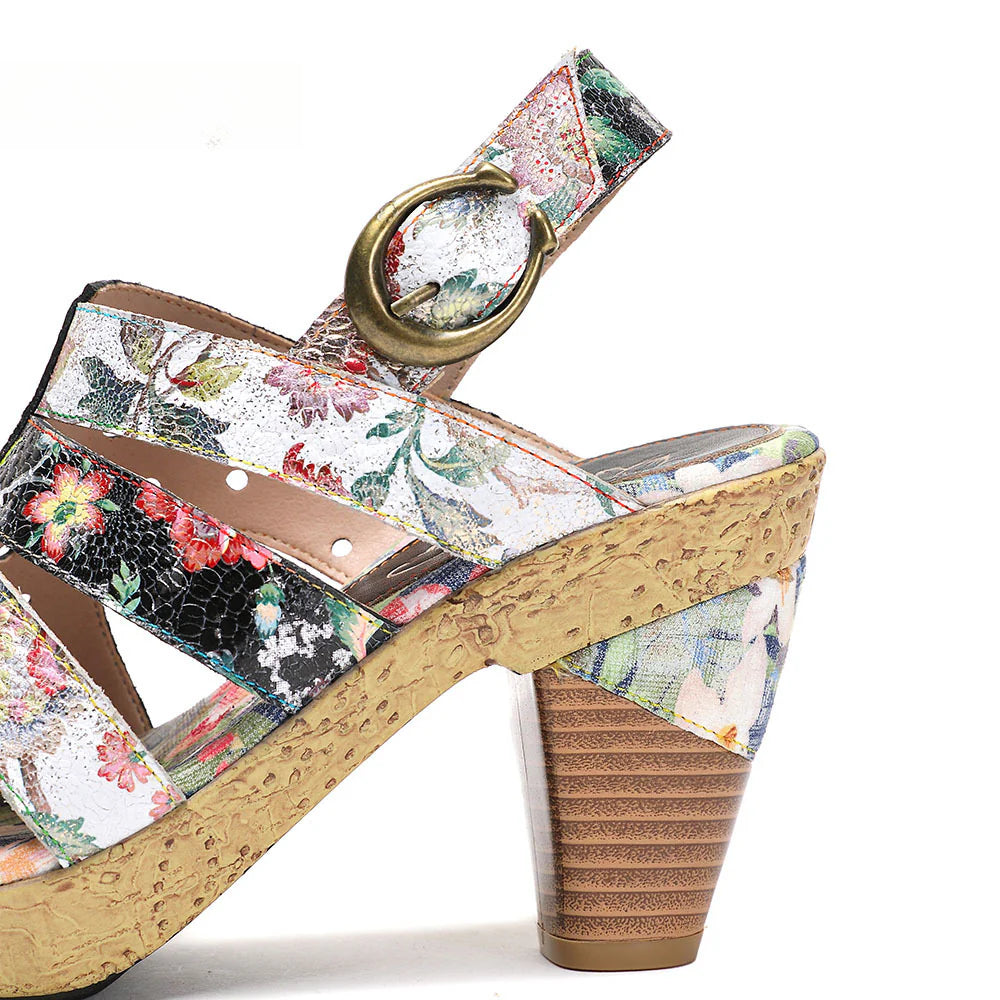 Socofy Vicconfy Leather Floral Heeled Black Sandals