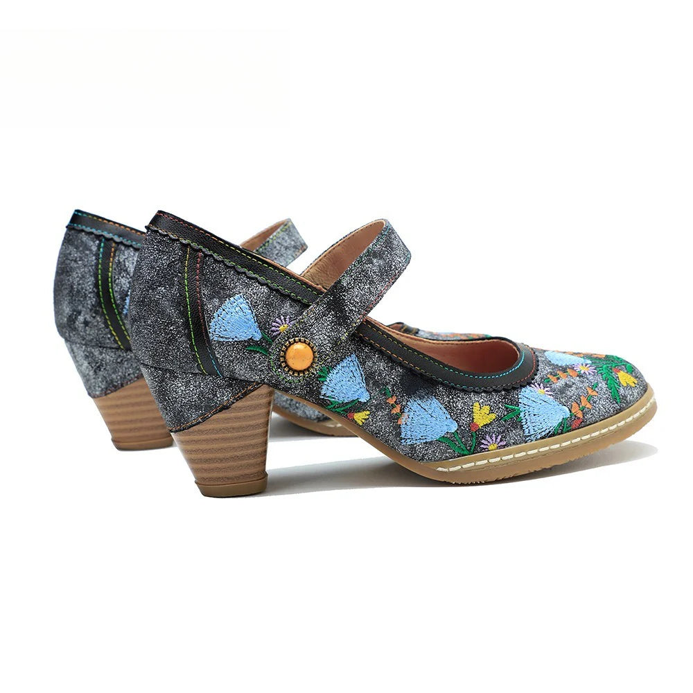 Socofy Spring and summer new retro embroidery Mary Jane thick heeled comfortable high heels