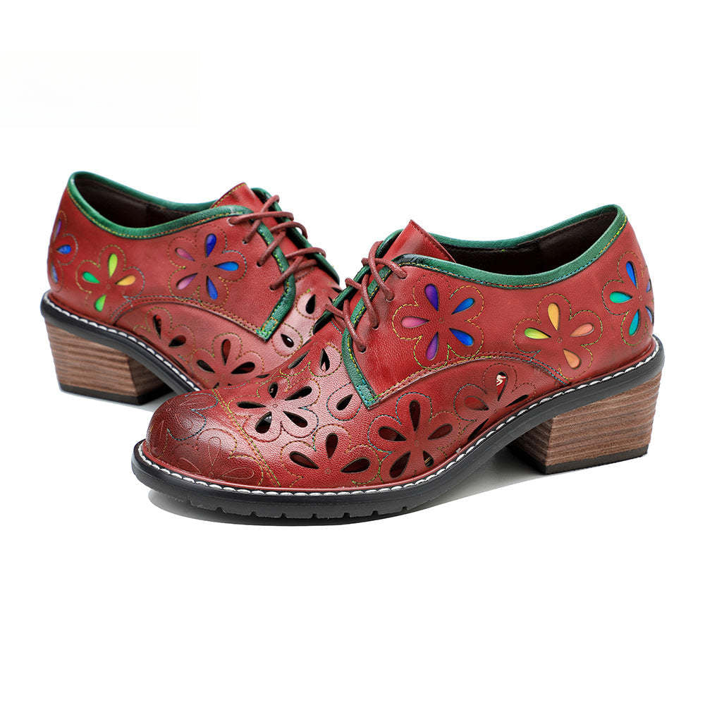 Socofy New style genuine leather retro contrasting hollow lace-up women's shoes