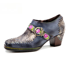 Socofy leather patchwork retro belt buckle chunky heel women's shoes