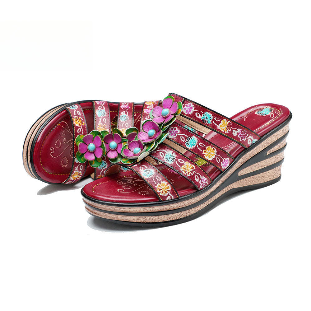 Socofy Summer Leather Vintage Flower Slope Heel Sandals Slippers