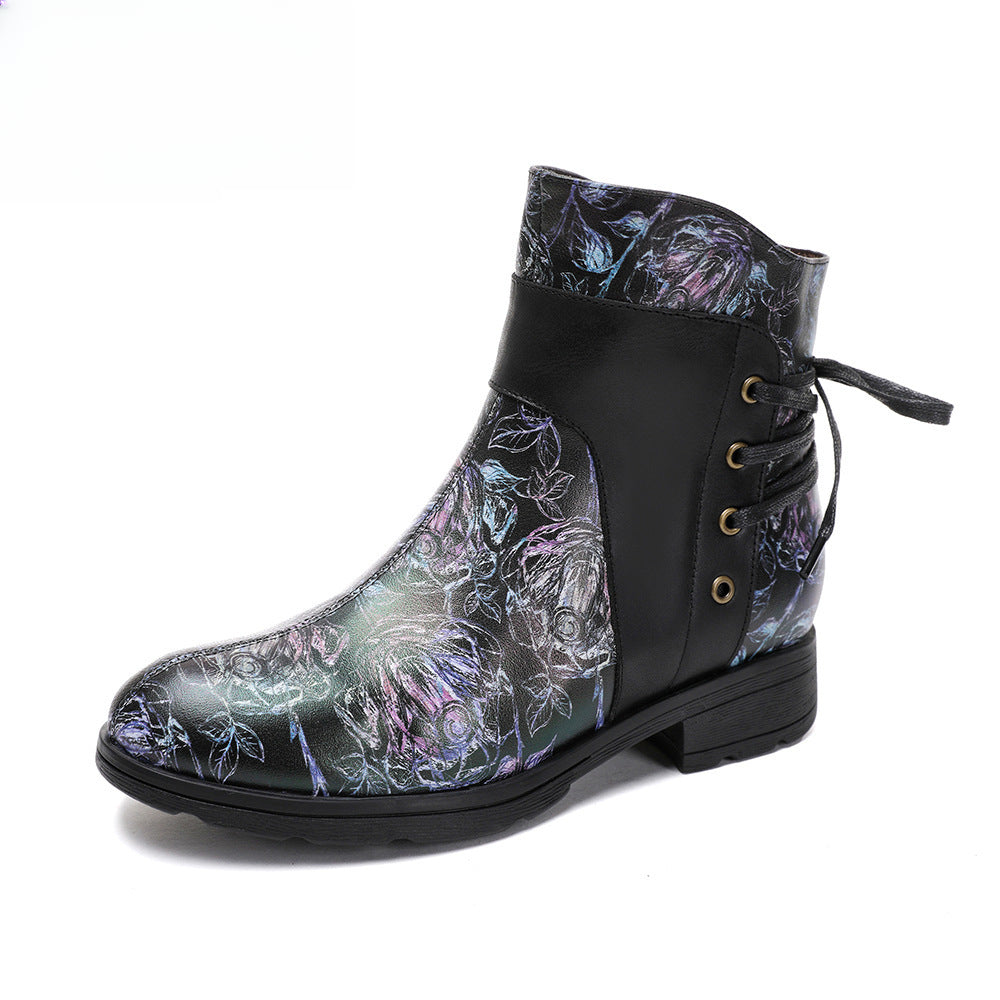 Socofy Vicconfy Retro Leather Blossom Casual Comfort Ankle Boots