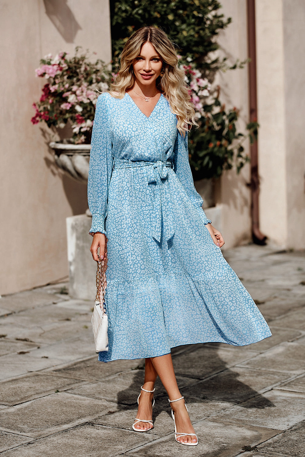 Long Sleeve V Neck Ruffle Belted Boho Dresses