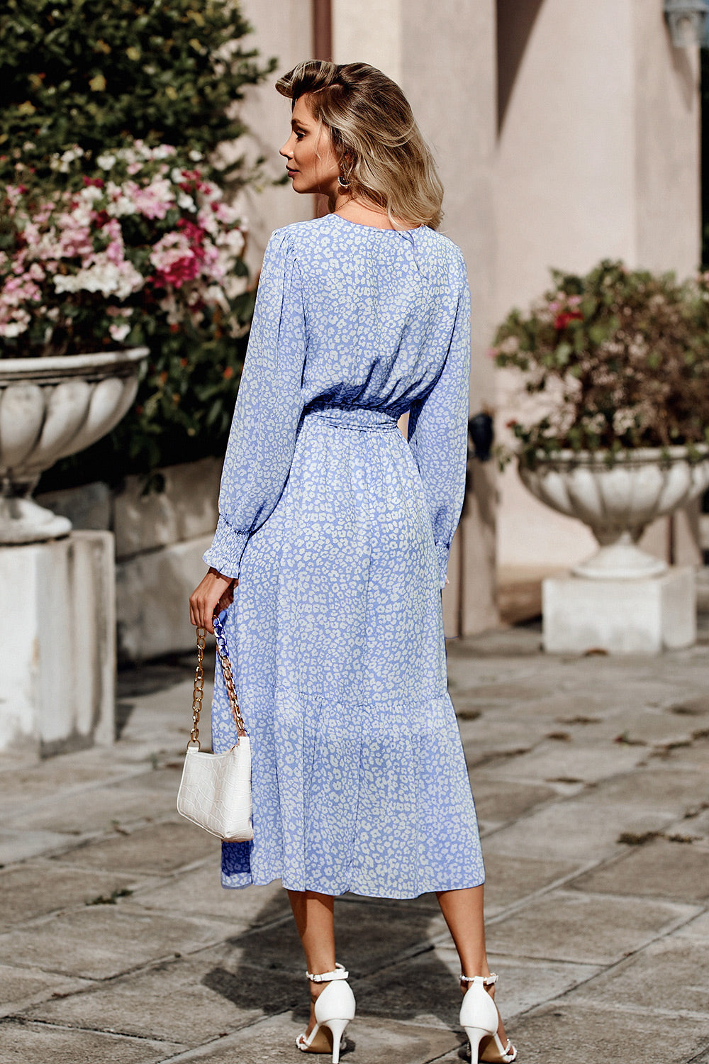Long Sleeve V Neck Ruffle Belted Boho Dresses