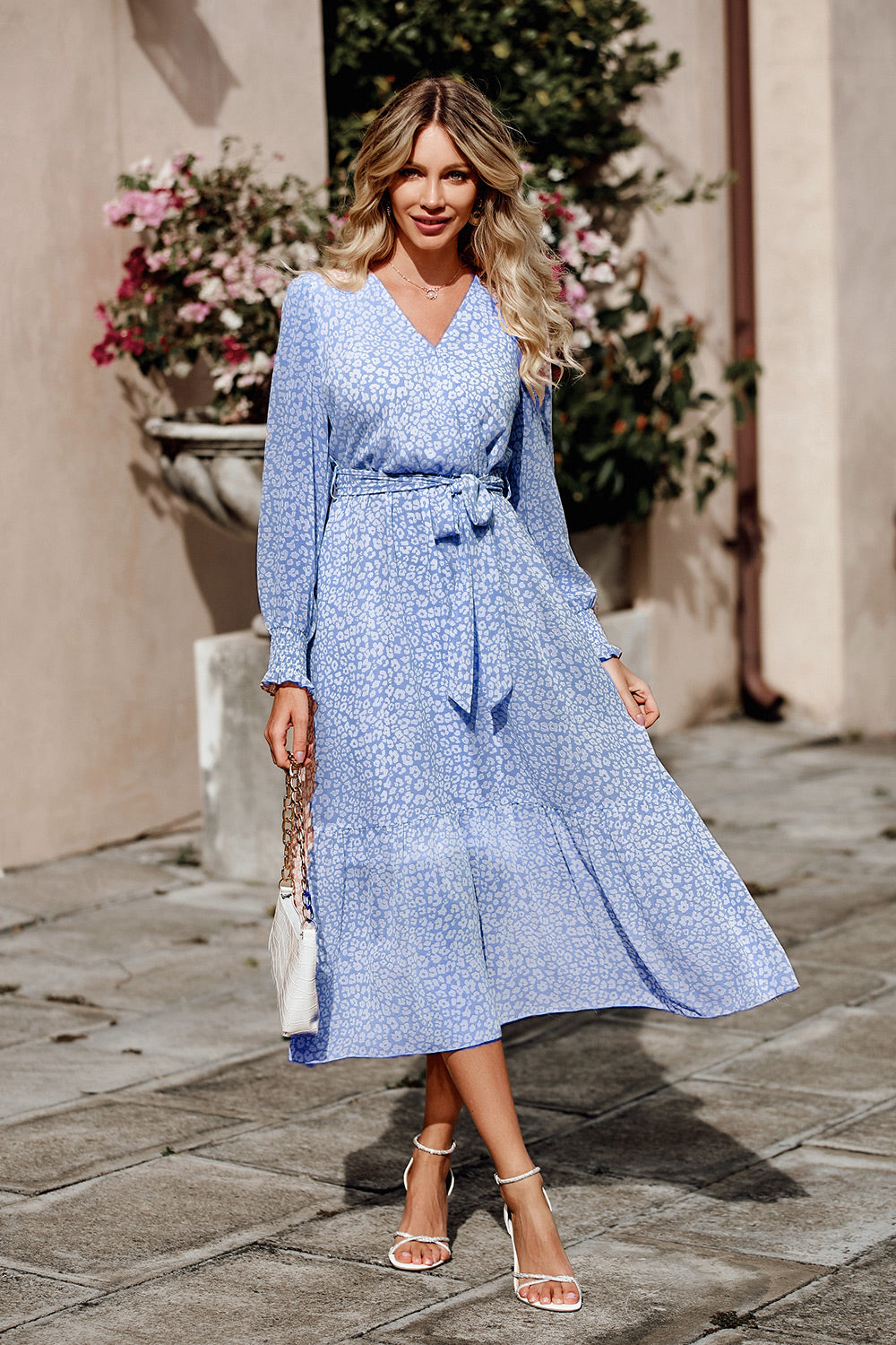 Long Sleeve V Neck Ruffle Belted Boho Dresses