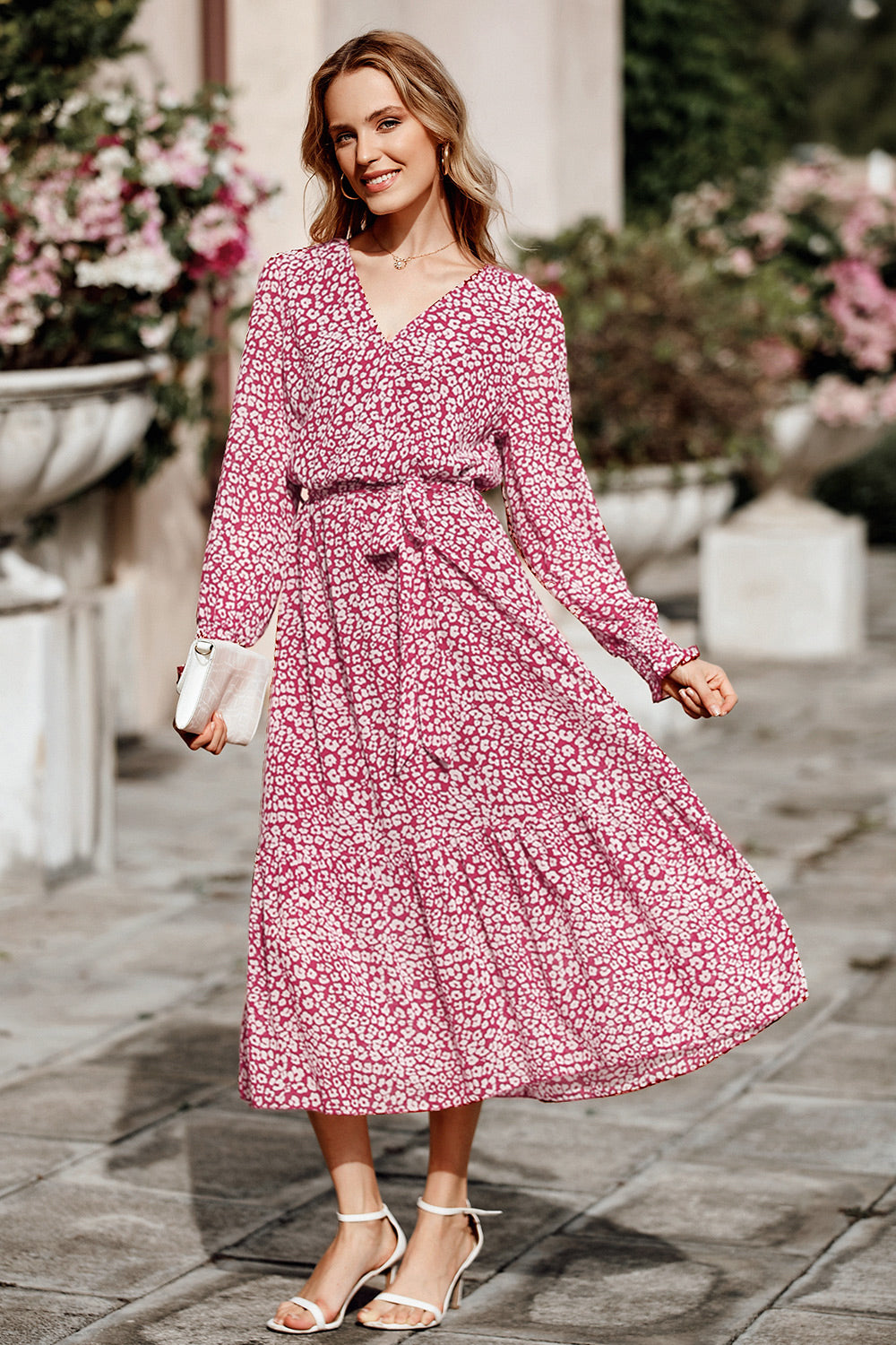 Long Sleeve V Neck Ruffle Belted Boho Dresses