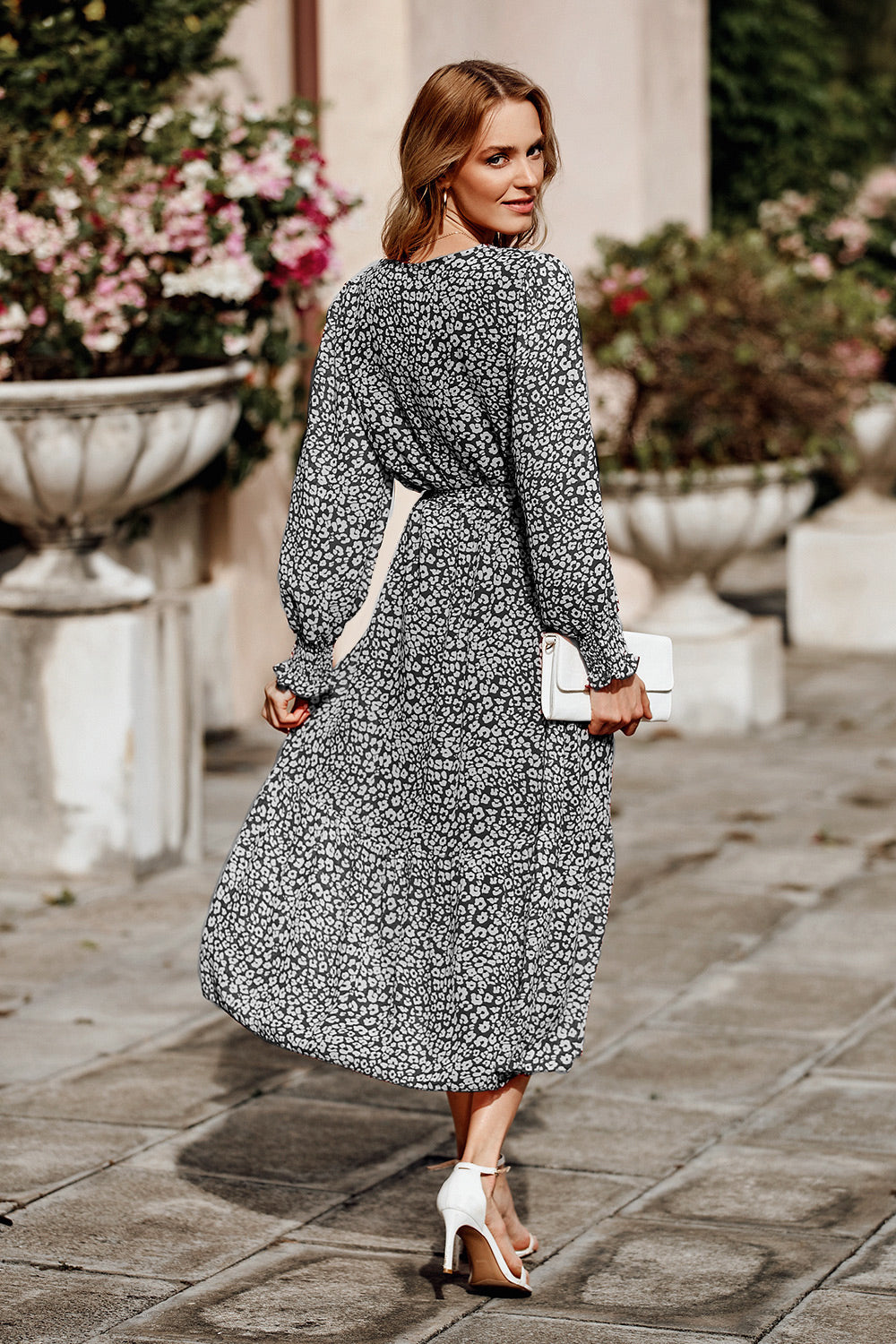 Long Sleeve V Neck Ruffle Belted Boho Dresses
