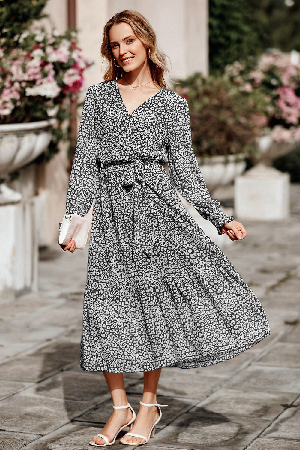 Long Sleeve V Neck Ruffle Belted Boho Dresses