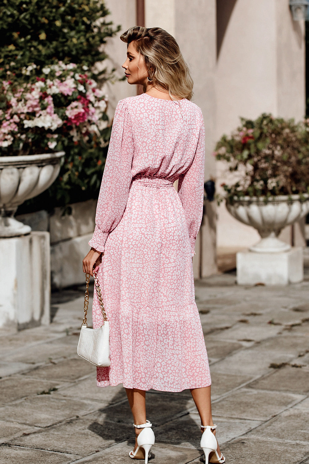 Long Sleeve V Neck Ruffle Belted Boho Dresses