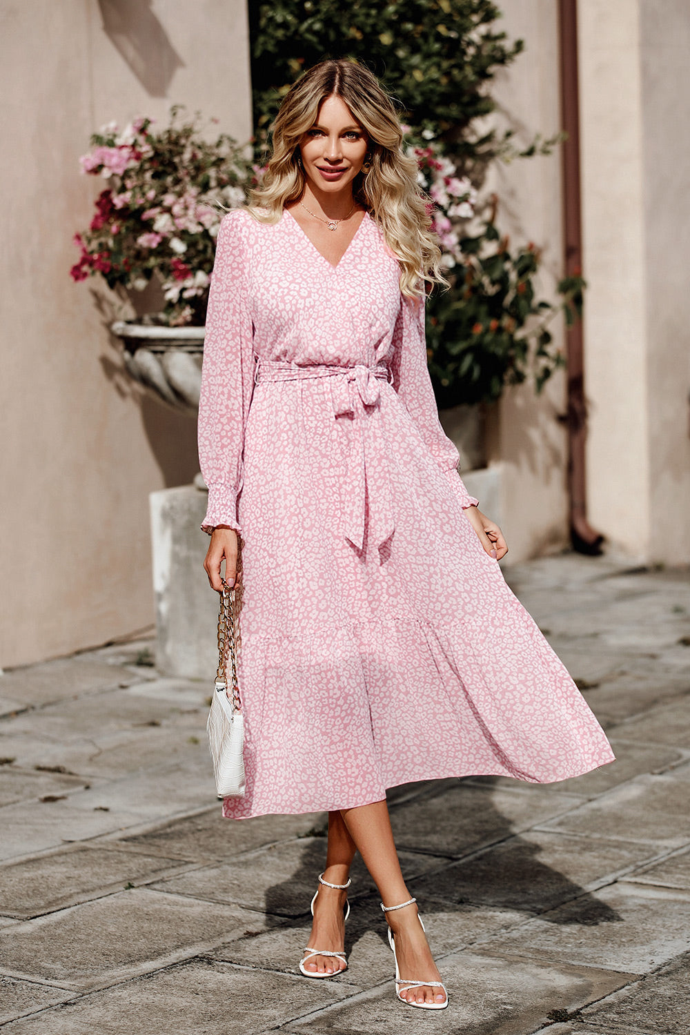 Long Sleeve V Neck Ruffle Belted Boho Dresses